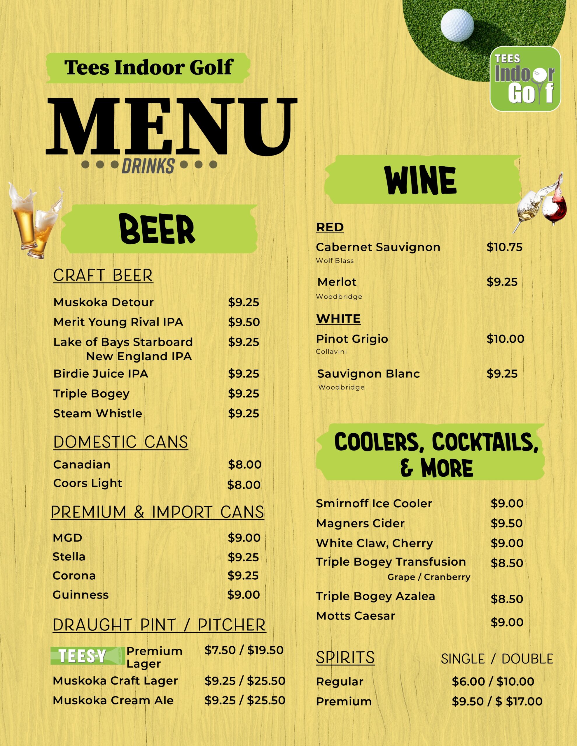 Tees Indoor Golf Drink Menu